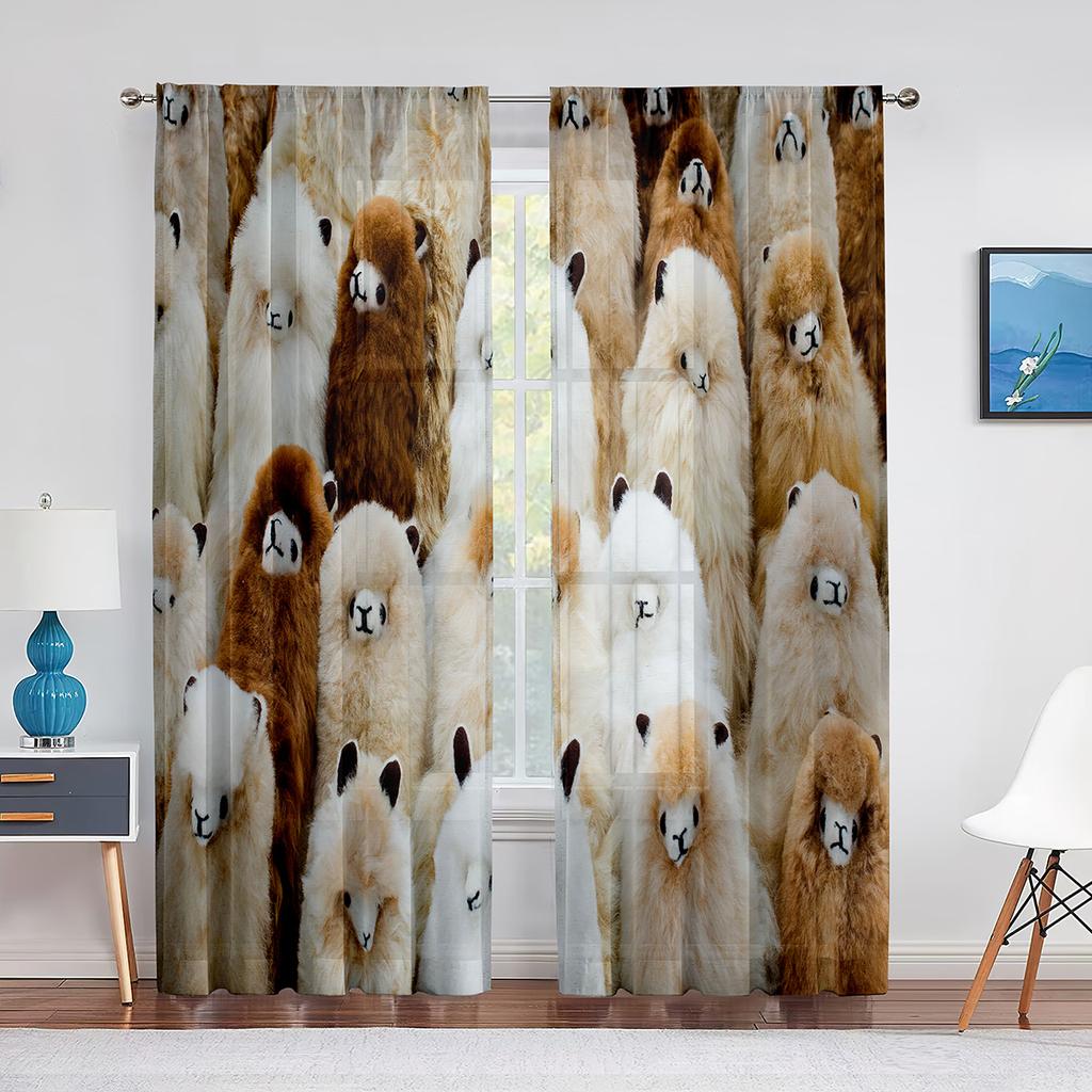 Cute Llama Alpaca Funny Animal Sheer Curtain for Living Room Voile Window Blinds Bedroom Tulle Drape Kitchen Curtains Decoration