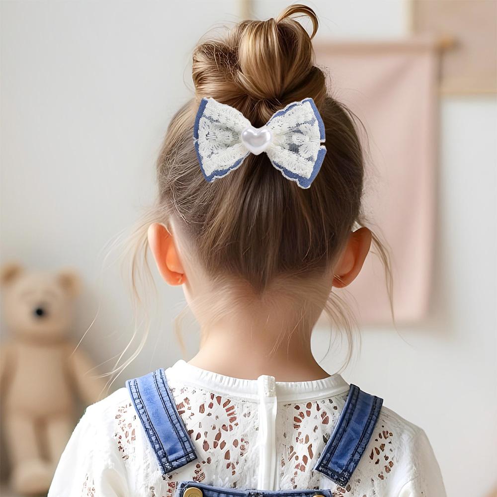 2Pcs Denim Pearls Bow Hair Clip Delicate Lace Flower Hairpins Floral Embroidery Barrette For Girls Children Headwear Accessories