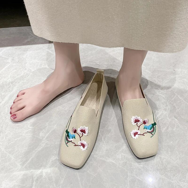 Ladies Shoes 2024 New One Kick Women's Flats Autumn Square Toe Breathable Mesh Solft Sole Light Casual Comfortable Flats Shoes
