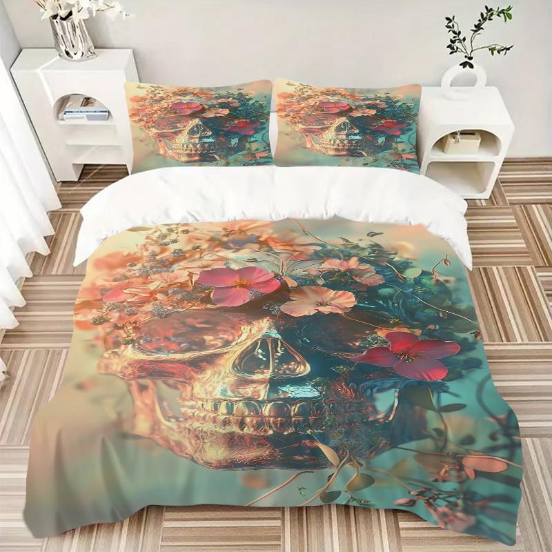 3pcs Floral Skull Duvet Cover Set - Machine Washable, Includes 1 Cover and 2 Pillowcases, No Core Included yy251013099