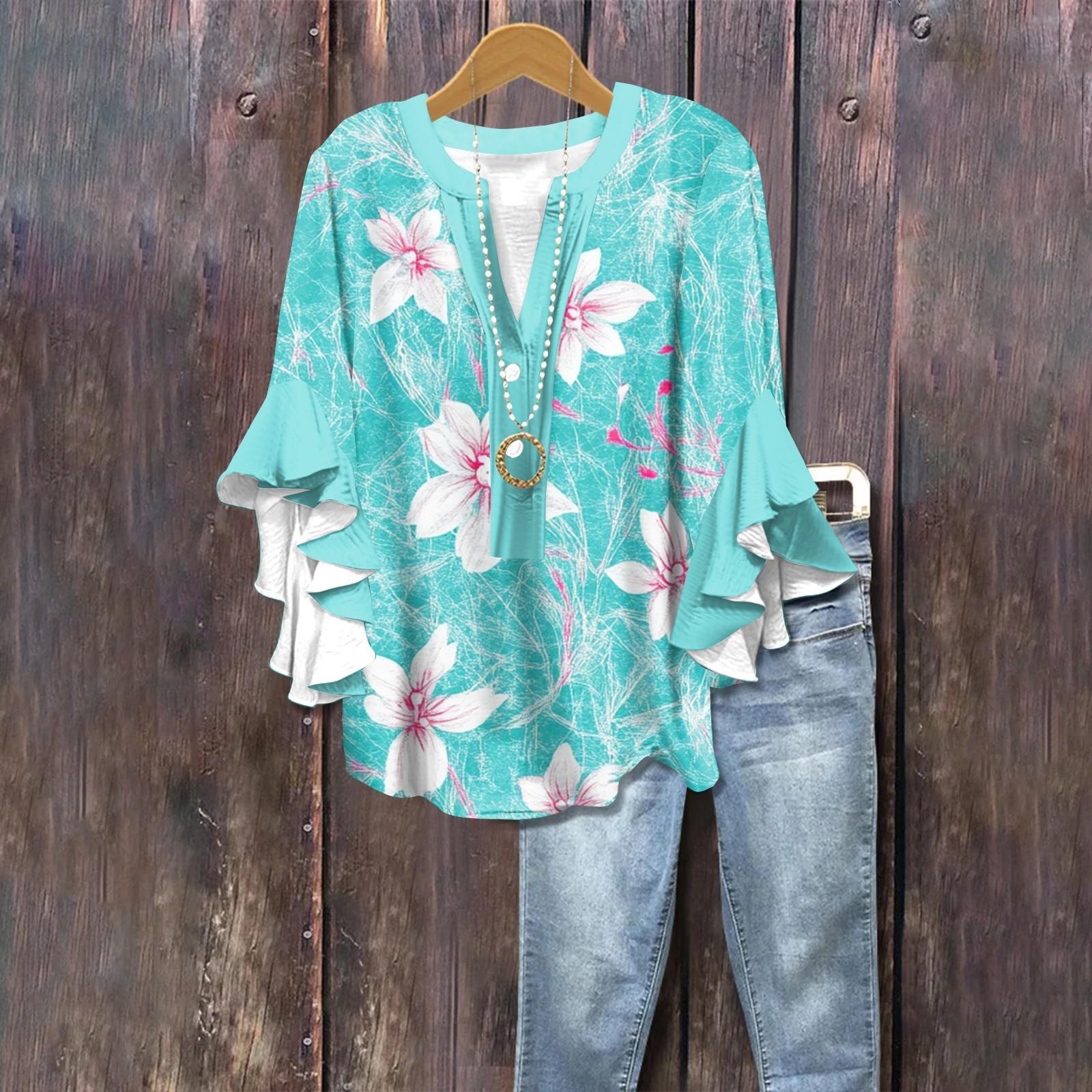 

Summer Tops For Women Cute V Neck 3/4 Sleeve Blouses Floral Print Top Casual Shirts XL циан