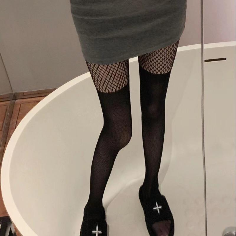 

Sexy Women S Fake Long Tube Fishnet Tights Mesh Bottom Pantyhose Patchwork Sheer Black Thigh High Body Stockings Female Hosiery One Size