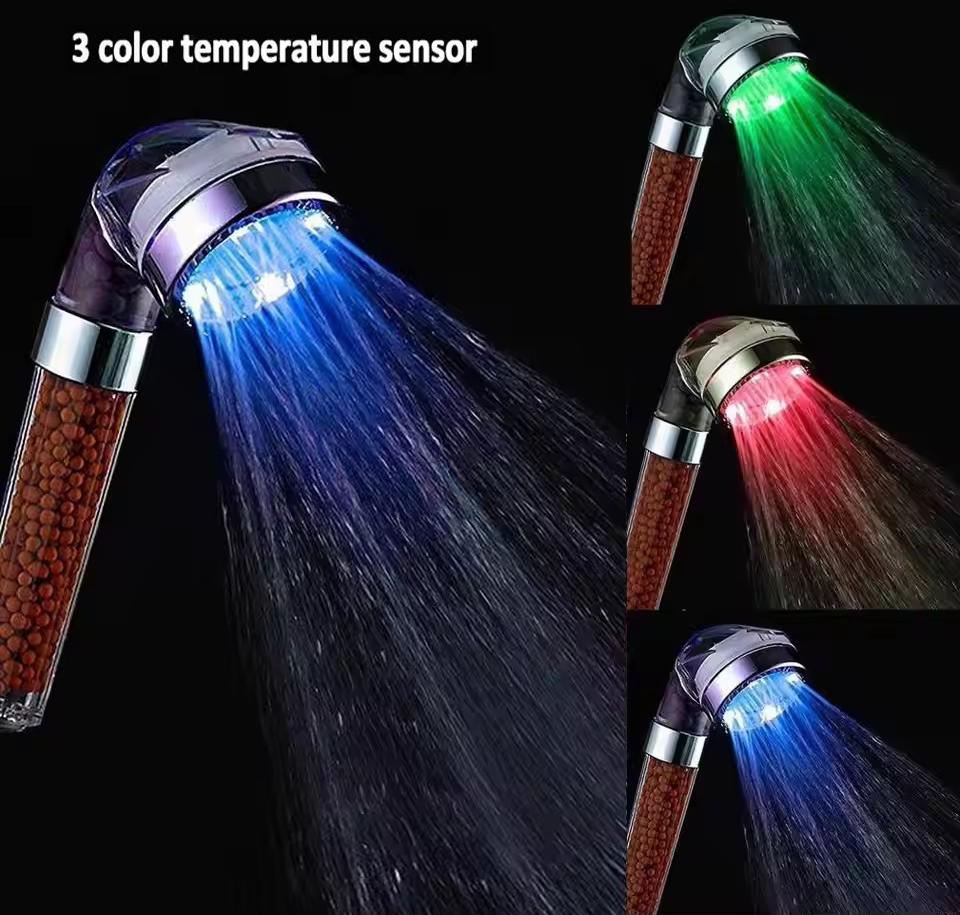LED Temperature Control Colorful Negative Ion Filter Shower Head 3/7 Color Change One-Key Stop High Pressure Handheld Showerhead