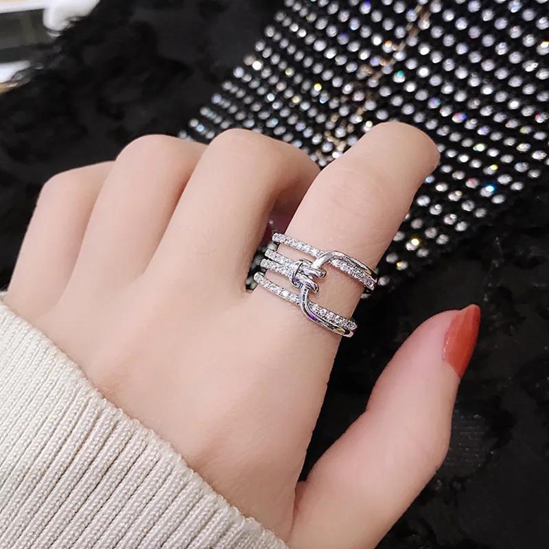 Gold Color Irregular Opening Rings For Women Shiny Zircon Copper  Color Geometric Ring Female Korean Fashion Jewelry Gift