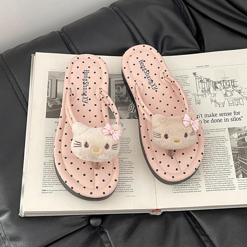 Fashion versatile polka dot kitten flat flip-flops women wear cute cartoon non-slip foot-pinch thick-soled sandals in summer