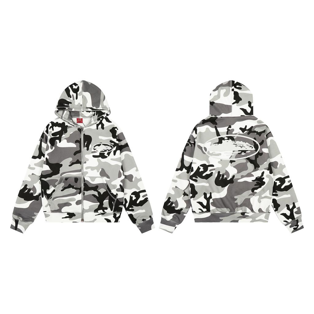 DRIPX Amerikanischer High Street Camouflage Fce Gefütterte Kapuzen-Reißverschluss-Jacke Hip Hop Locker Lässig Sweatshirt für Männer und Frauen