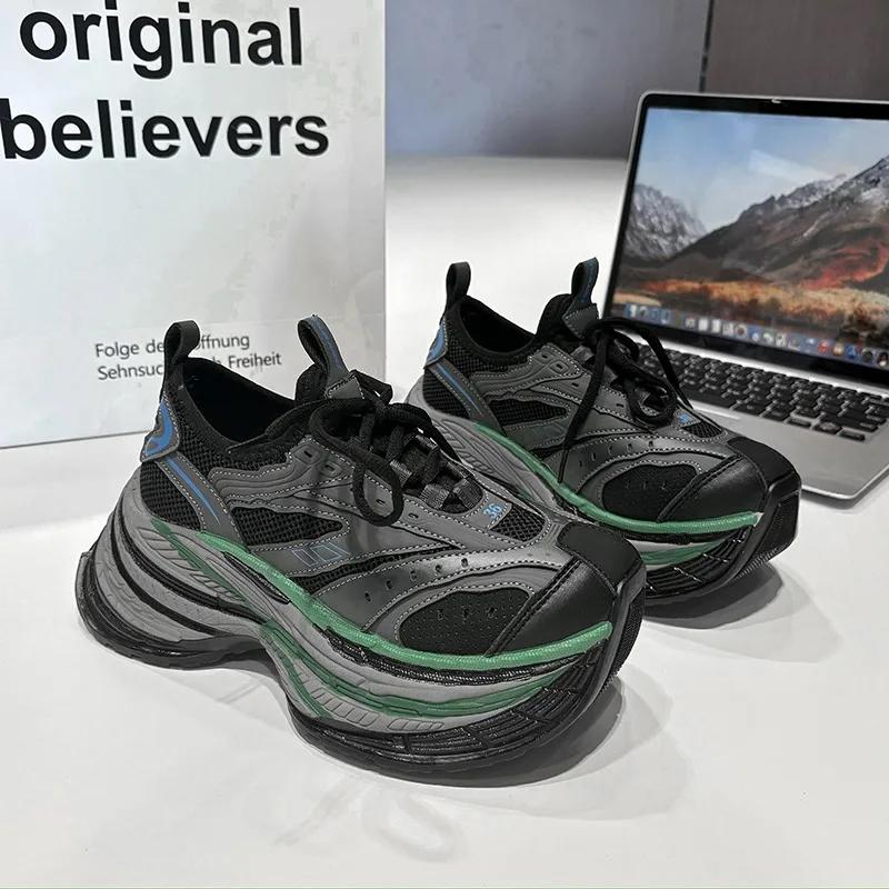 Fashion 8cm Air Mesh Microfiber Leather Autumn Platform Vulcanize Women Chunky Sneaker Vulcanize Spring High Brand Comfort Shoes