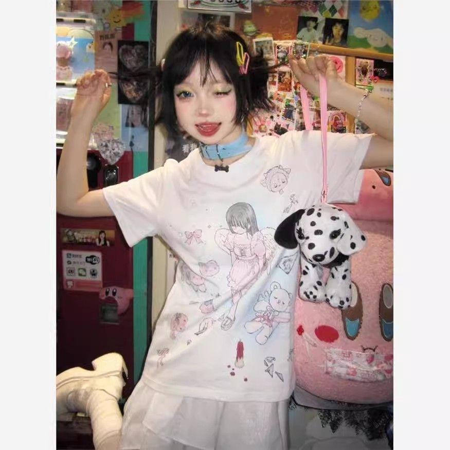Kawaii Sweet Streetwear Trička Dámská Japonská móda Y2k Grafický Angel Potisk O Výstřih Volná trička Topy Soft Gril Léto