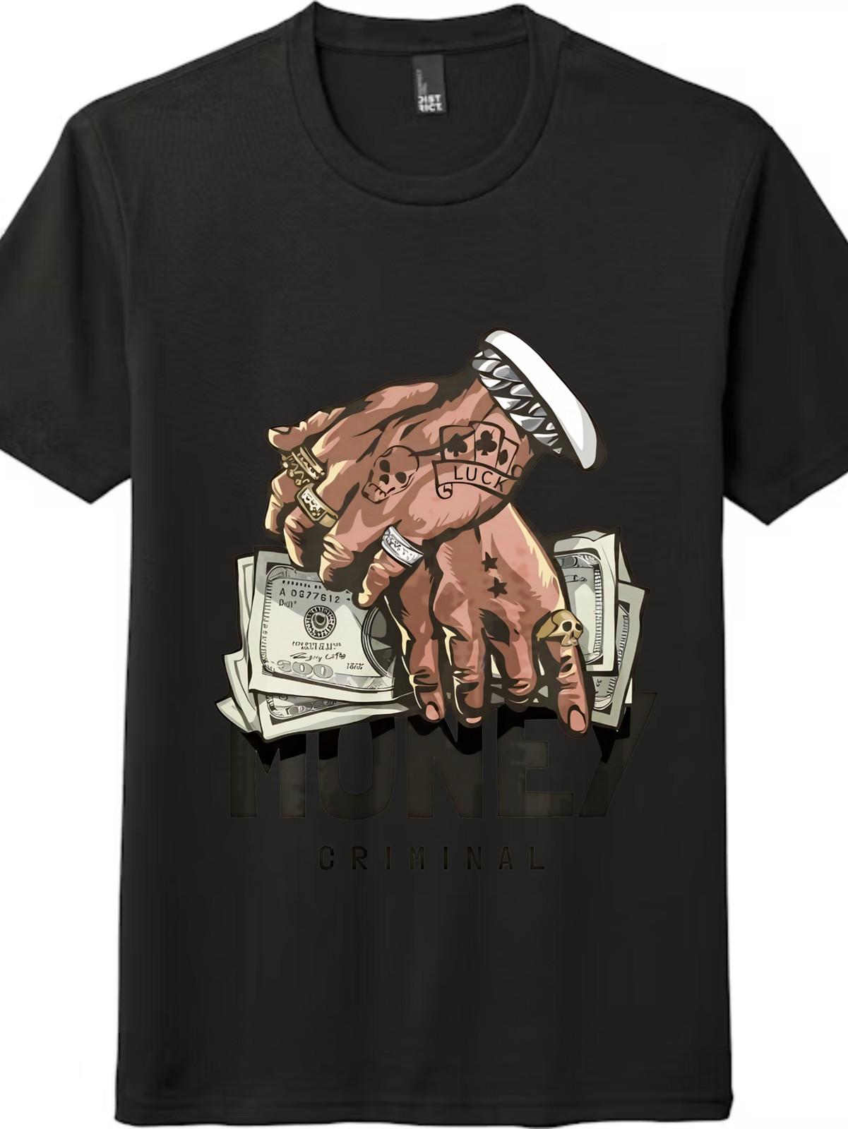 Hip Hop Streetwear-Hands Holding Money Print T-Shirt Mens Womens Tees Top|Unisex Trendy Casual Tee 2XL