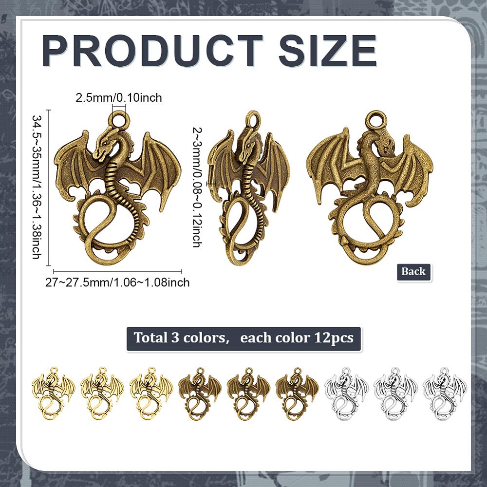 Tibetan Style Alloy Pendants Dragon Mixed Color 34.5~35x27~27.5x2~3mm Hole: 2.5mm 36pcs/box