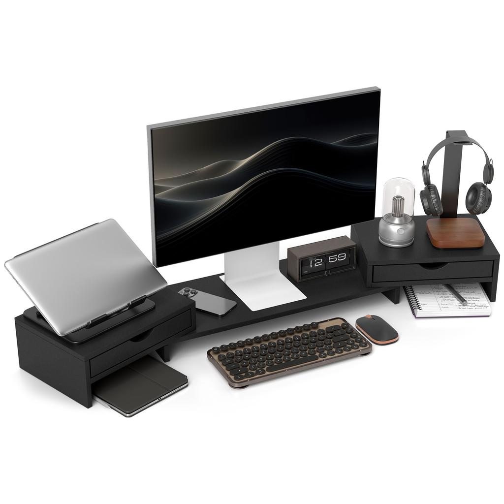 Dual Monitor Stand Riser with 2 Drawers, Adjustable Length and Angle, 116cm Monitor Riser for Laptop, Computer, PC, Small Printer, Black