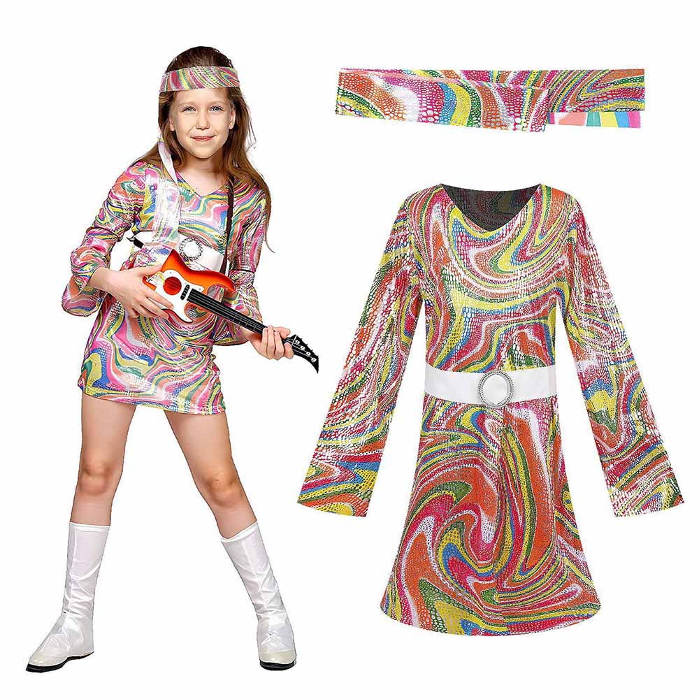 Halloween Retro 70s Disco Cosplay Costume Vintage Print Long Bell Sleeves Hippie Dance Dress with band Party Dress Up