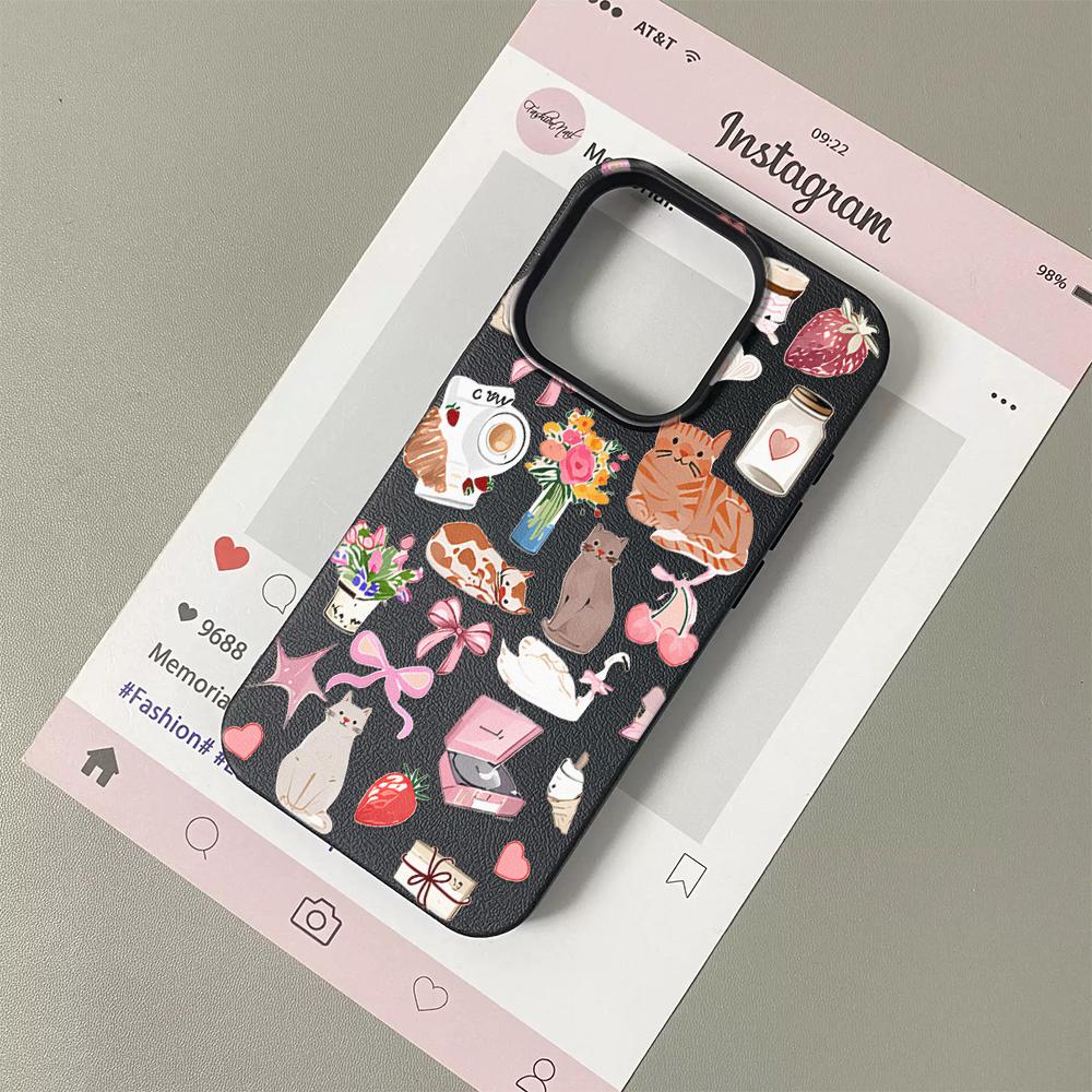 Cute Cat Strawberry Lychee Texture Phone Case For iPhone 17 Pro Max 16 15 14 13 12 11 Pro 14 15 Plus 17 Air Silicone Soft Cover