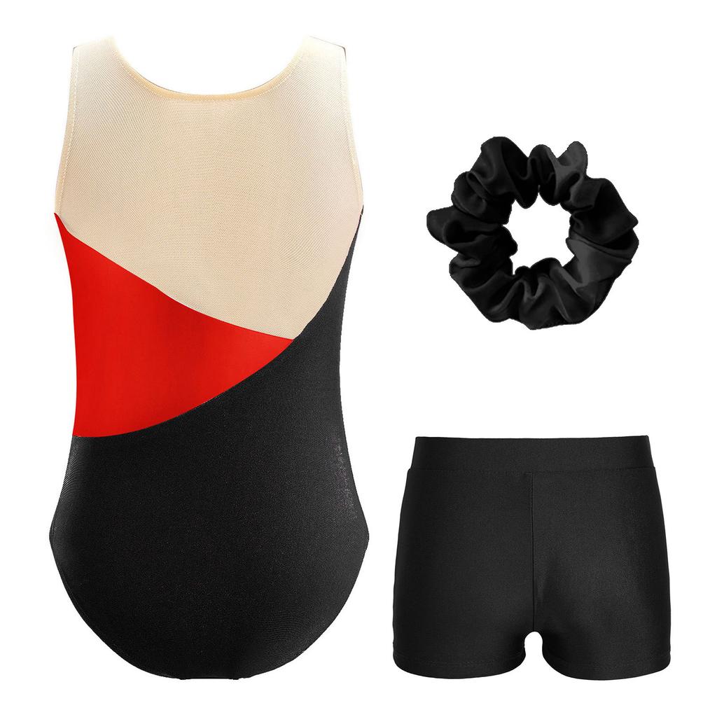 Girls Sleeveless Glittery Sequins Rhinestones Leotard V Front Waistband Shorts Hair Band Dance Gymnastic