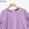 ZANZEA Women Casual Round Neck Ruffles Short Sleeve Loose Solid Blouse
