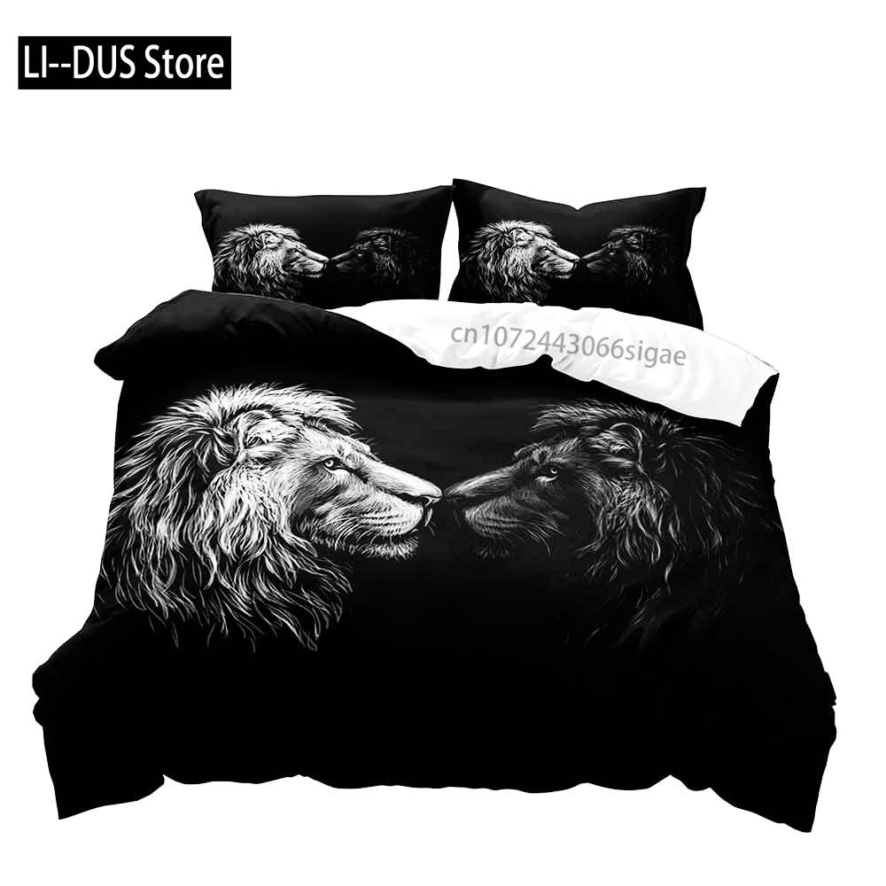 3PCS Lion King & Queen Bedding Set African Safari Animal Black Bedding Comforter Cover Bedroom Decor for Couples Full Size