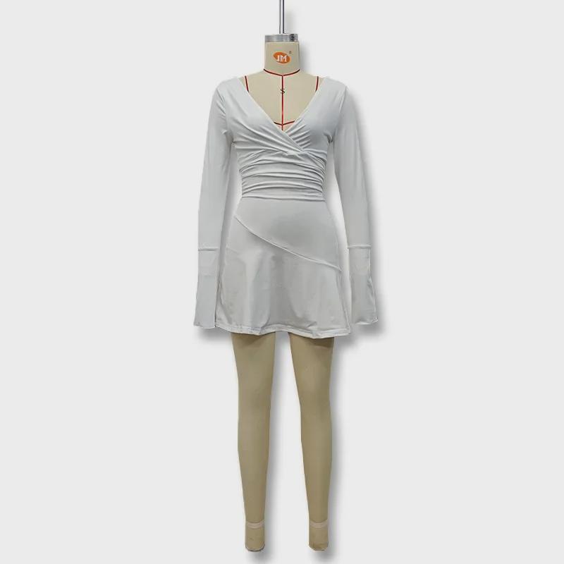 2024 European & American Deep V Long Sleeve Tie-Pleated Backless Dress