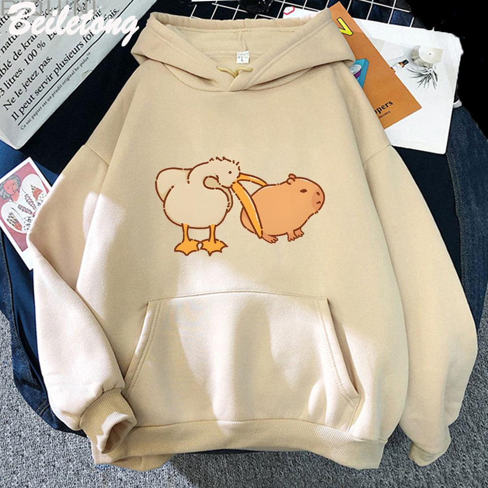Funny Pelican and Capybara Hoodie Kawaii Woman Sweatshirt Spring Fashion Pullovers Girls Cartoon Long Sleeve Cloth