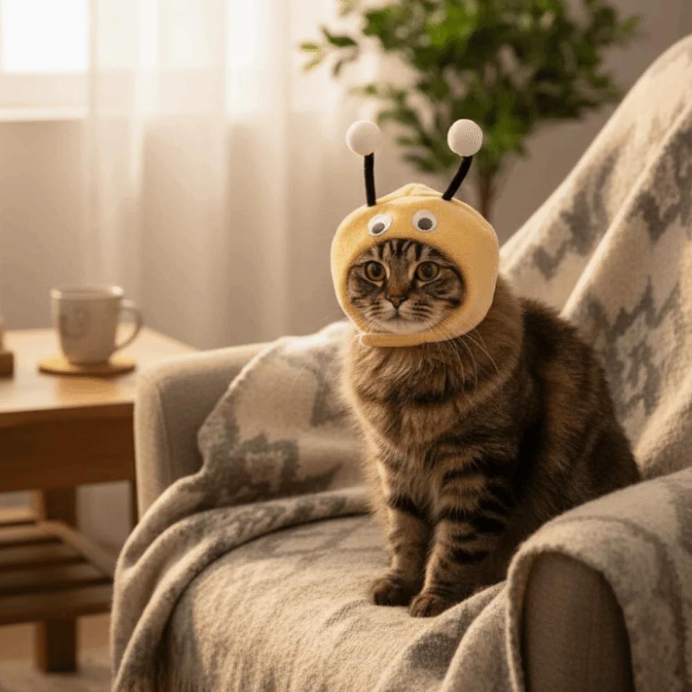 Funny Warm Cat Bee Headdress Plush Cartoon Cat Headwear Adjustable with Active Eyes Pet Cosplay Hat for Puppy Dogs Cats