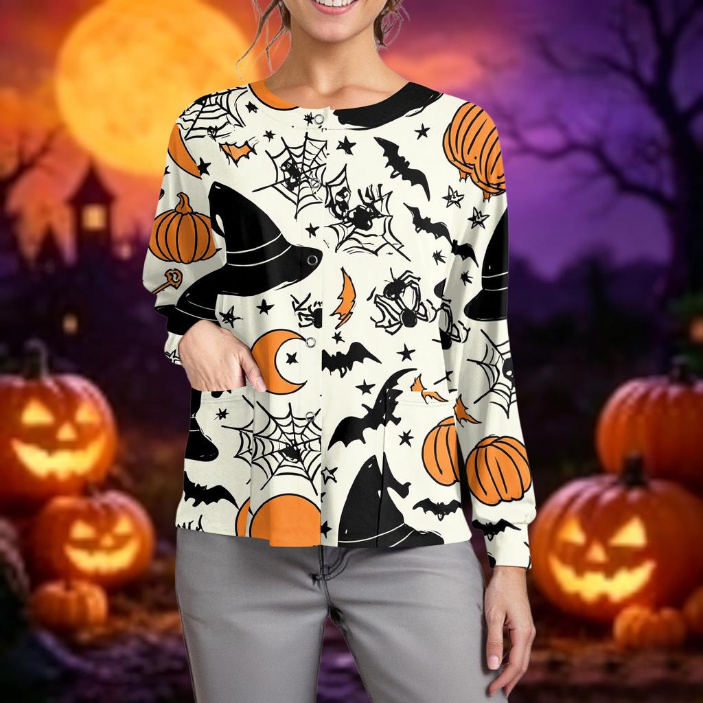 Women Long Sleeve Button Front Cardigan Halloween Print Lightweight Knitwear Pullover Top for Casual Wear and Work