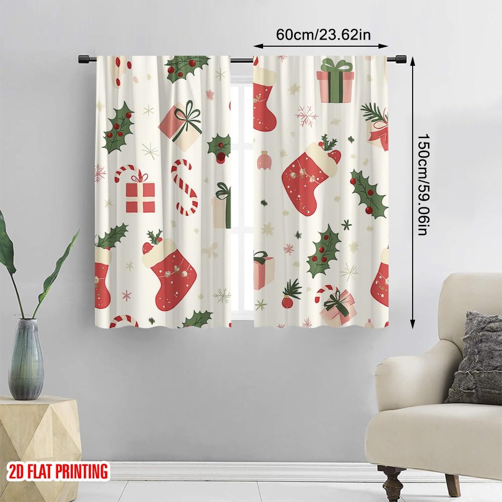2pcs,2D Plane Printing Creative Curtains Christmas Baubles Holly Candy Canes (3) Durable 100% Polyester Fabric (without Rod)