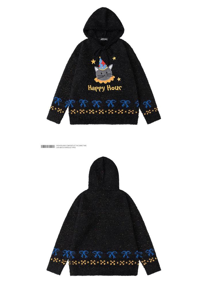 2025 Unisex Cat Embroidery Knit Hoodie - Autumn Loose Fit