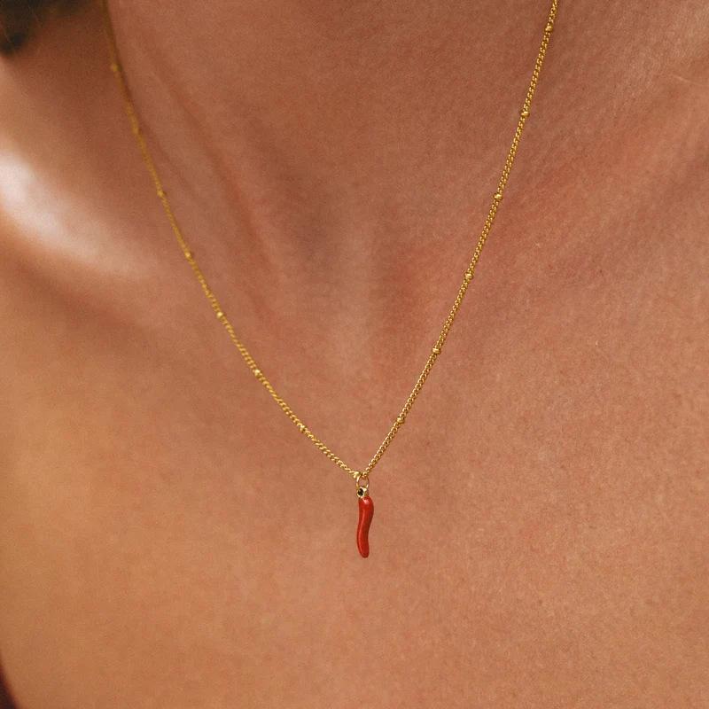 Colorful Enamel Chili Pendant Necklace with Stainless Steel Chain