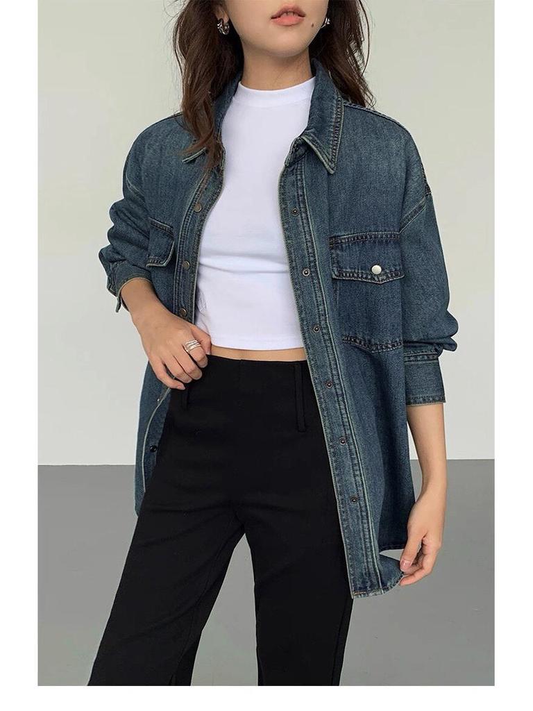 Unisex Vintage American Retro Blue Denim Shirt Jacket 2025 - Long Sleeve, Suitable for Spring, Autumn, and Winter