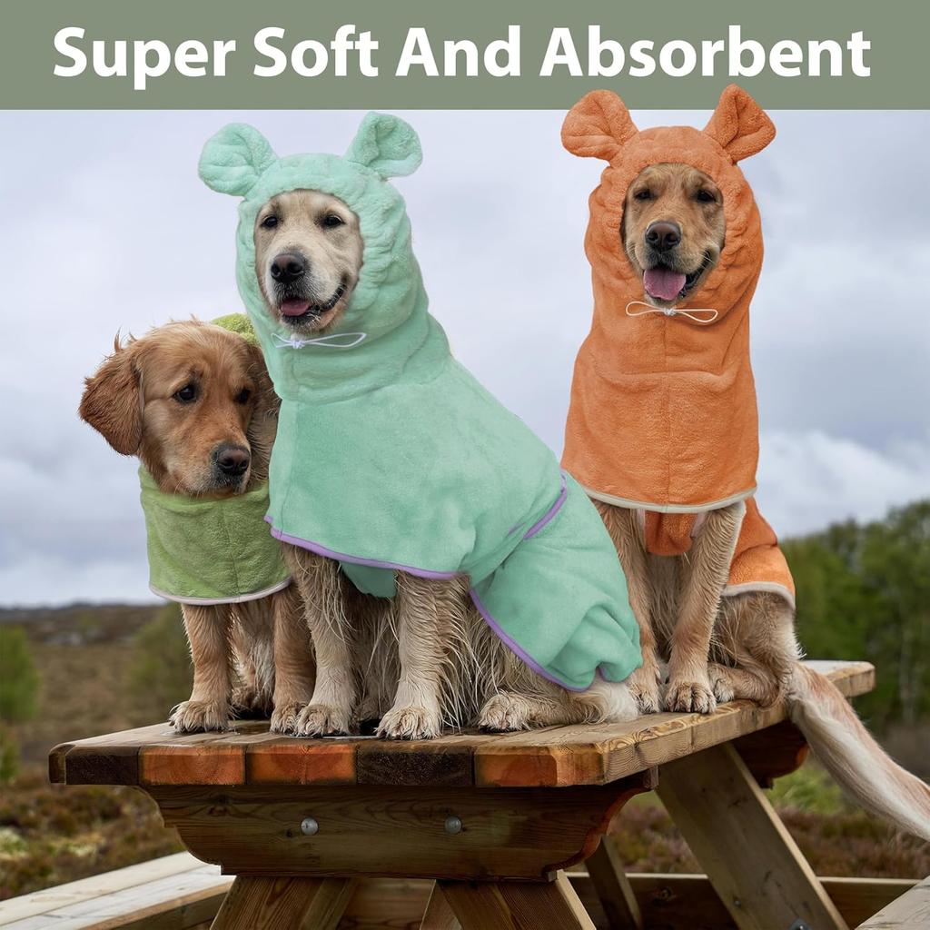 Dog Bathrobe Super Absorbent Towel Robe - Microfiber Bath Towels Fast Drying Coat for Dogs, Cute Dogs Clothes Adjustable Collar & Belly Strap Warm