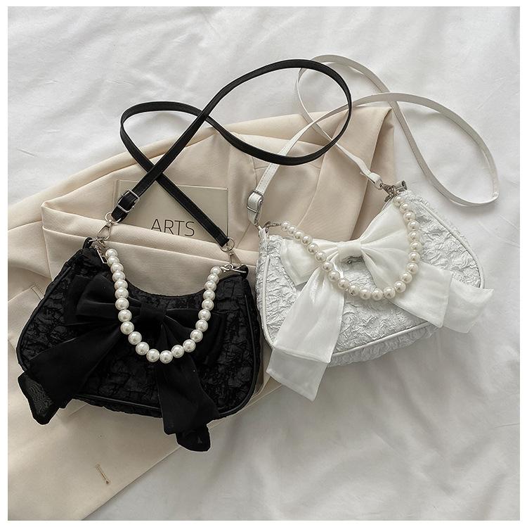 White Folds Pearl Female Bag Retro Luxury Designer Handbag Bow Crossbody Bags Fashi Y2K Vintage Women's Shoulder Bag Purses
