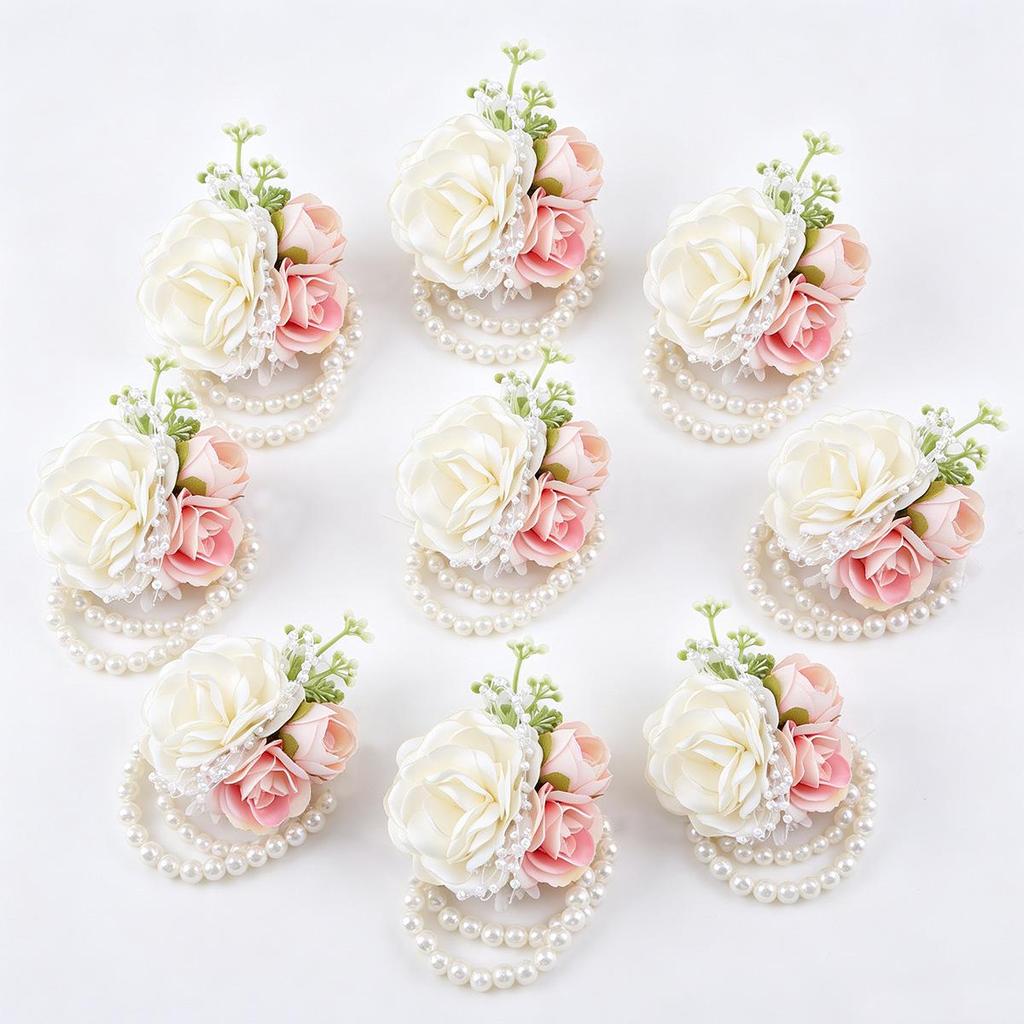 Cross-Border Milk Tea Rose Beaded Wrist Corsage Wedding Groomsman Brooch
