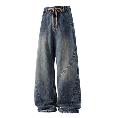 Drawstring Old Money Style Old Washing Jeans for Men's Autumn New Versatile Wide-leg Pants
