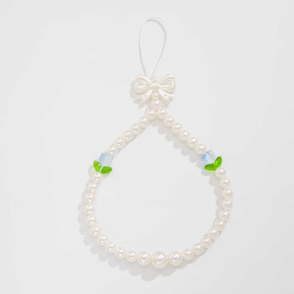 Fresh and Simple Acrylic Pearl Bead Set Cute Flower Bowknot Phone Chain 04 White+Blue  0062k4