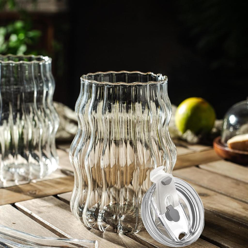 KEMORELA 4PCS Ribbed Glass Cups with Lids & Straws – 18oz Vintage Wavy Glass Coffee Cups, Bubble Glass Aesthetic for Iced Coffee, Clear Ribbed