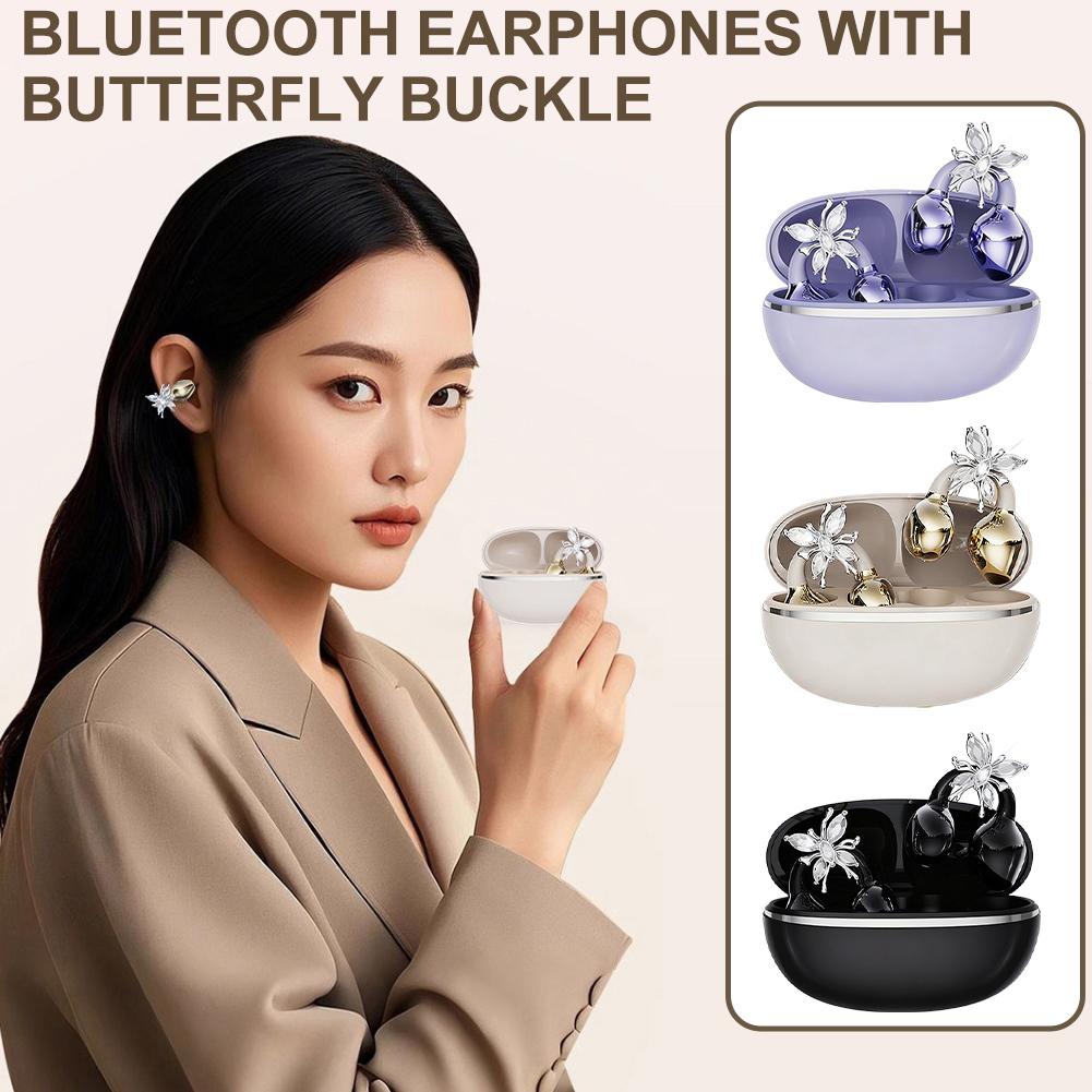 Sports Bluetooth 5.4 Headphones Wireless Ear-clip Earbuds Intelligent Noise Cancellation Earphones Butterfly Diamond Buckle Decor