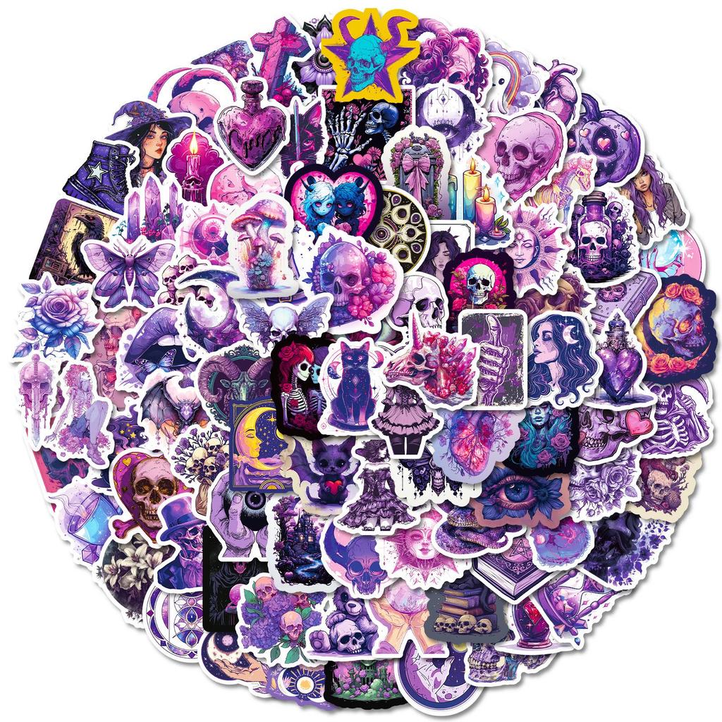 100 Purple Gothic Graffiti Stickers for Suitcases, Pens, Guitars, Notebooks – Waterproof, Durable, and Versatile