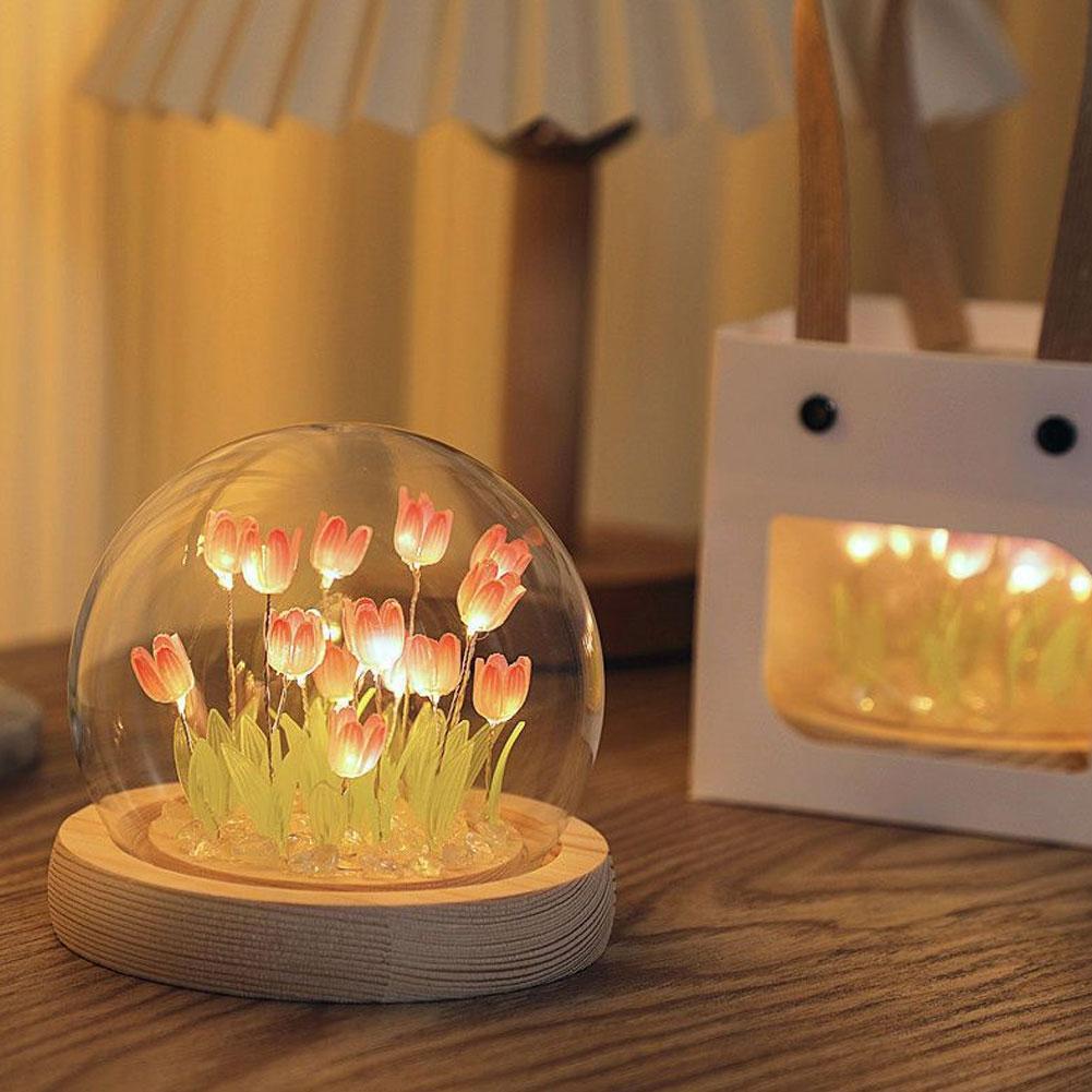 Tulip Flower Night Light With Glass Cover Handmade DIY Bedside Light LED Night Lamp Table Desk Lamp Bedroom Decor USB Mood Light