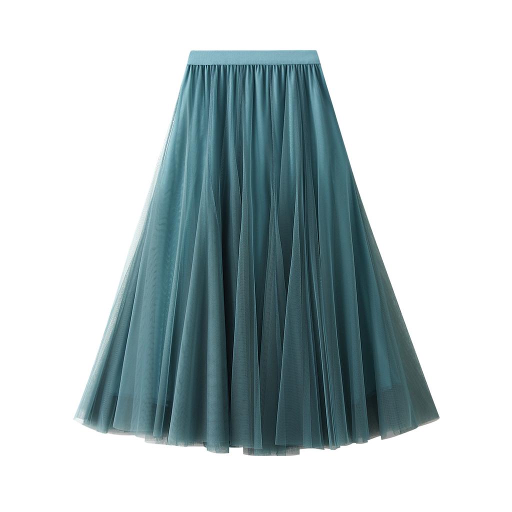 Women's Tulle Skirt Elastic High Waisted A-Line Layered Flowy Long Skirts Pleated Mesh Midi Skirts for Women Casual Beach Ruffle Skirts for Party