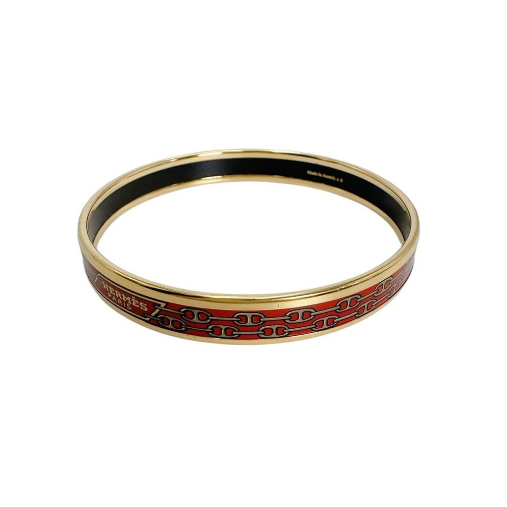 Hermes ROUGE Emaille PM Bangle Bracelet Gold Women Storage Box Used