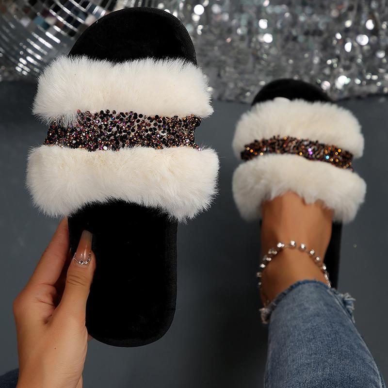 Luxury Women's Fluffy House Slippers Bling Crystal Decor Faux Fur Slides Woman Autumn Winter Open Toe Non Slip Plush Slippers