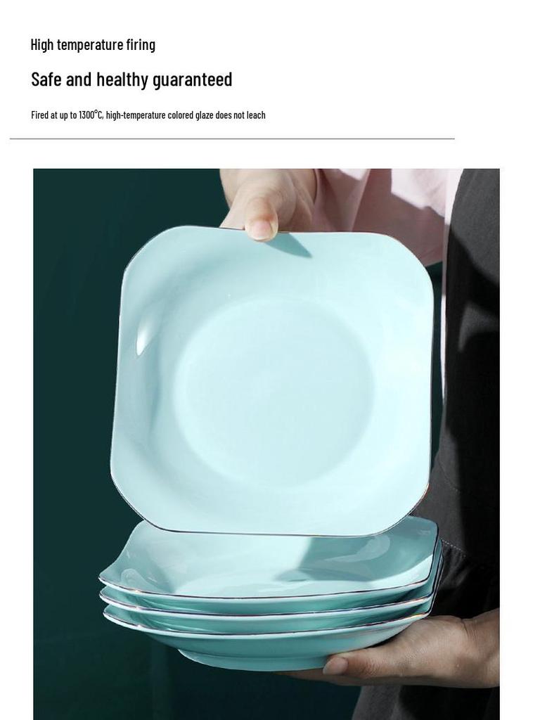 Gold Rim Celadon Square Plate - Light Luxury Ceramic Tableware Set