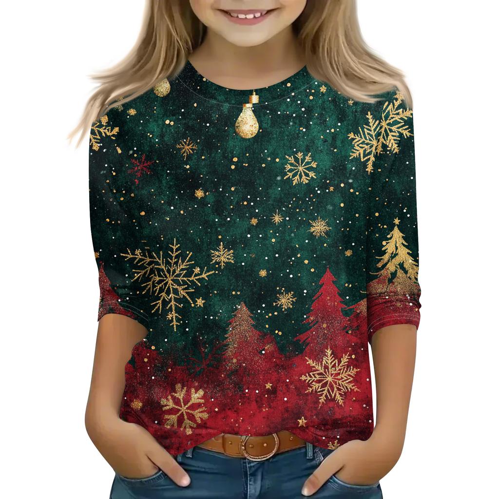 Christmas Day Print Tops For Youth Girls 5-16 Years Round Neck 3/4 Sleeves T-Shirts Trendy Tops Outfit Tees