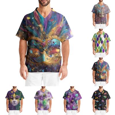 Men's Printing Short Sleeve V-neck Working Blouse Chest Pocket Carer Top