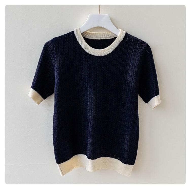 Damen Rundhals Eisseide T-Shirt Damen Sommer Farbblock Gehäkeltes T-Shirt Locker Übergröße Oberteil