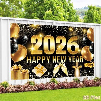 Shiny 2026 New Year Backdrop Banner Black Gold Letter Photography Background Champagne Night Glittering