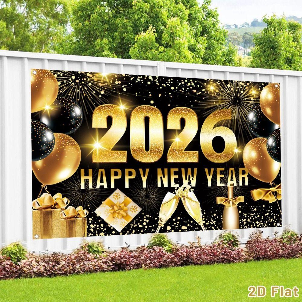 Shiny 2026 New Year Backdrop Banner Black Gold Celebration Banner  Outdoor Party