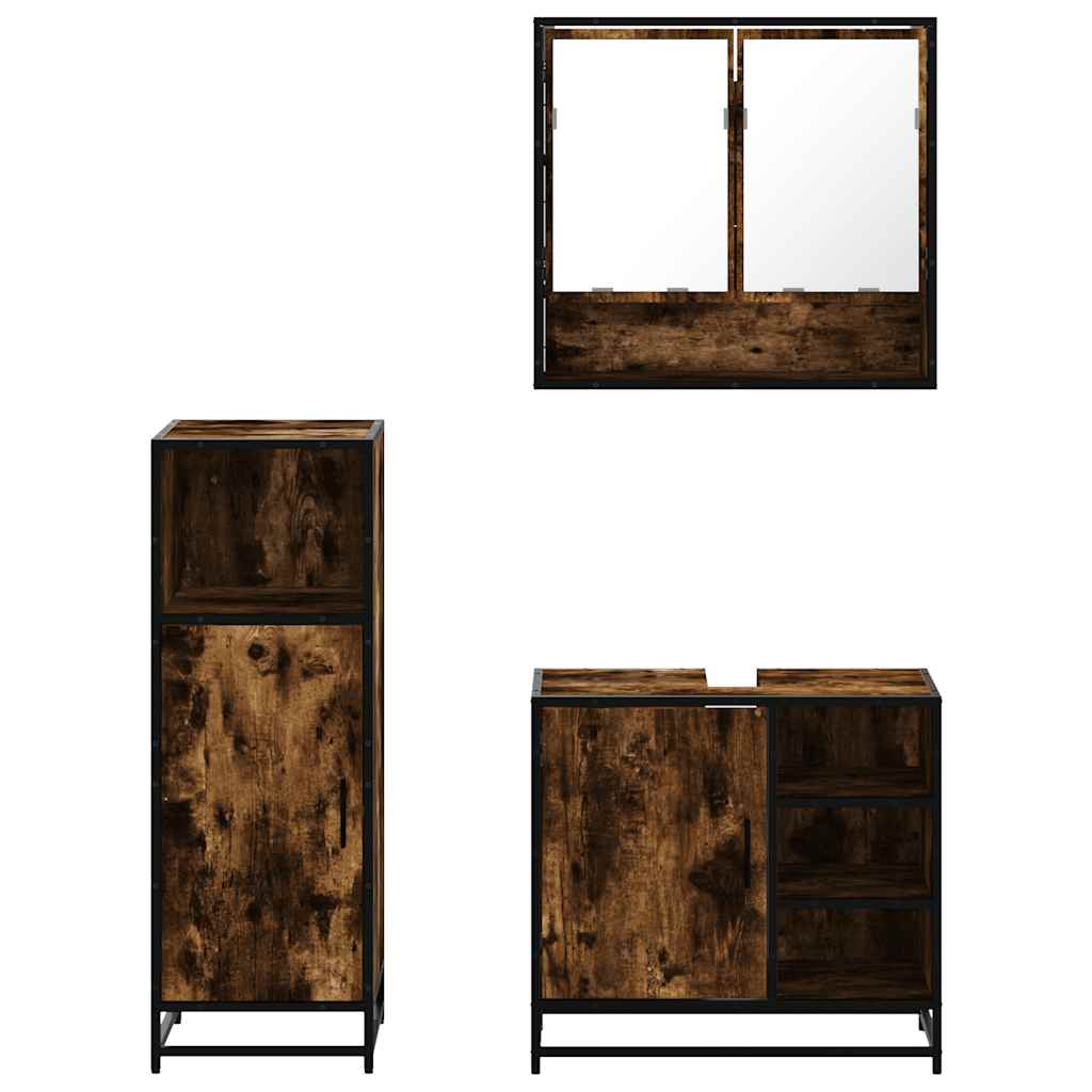3 Piece Bathroom Furniture Set Smoked Oak Wood Based Panel