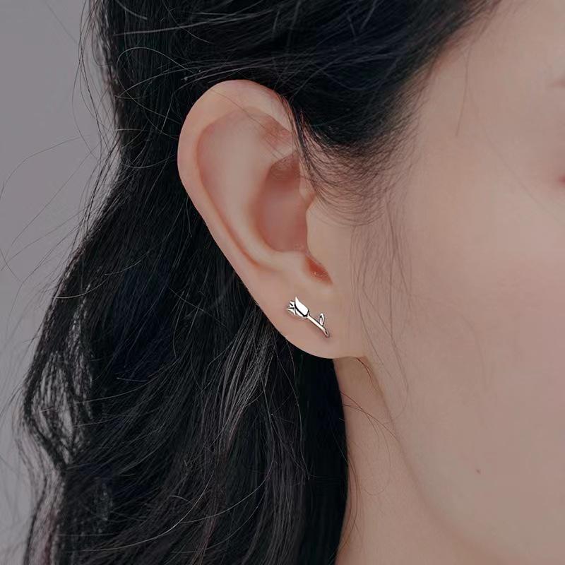 Solid Sterling Silver S999 Tulip Rose Flower Ear Cuffs Korean Style Women's Jewelry