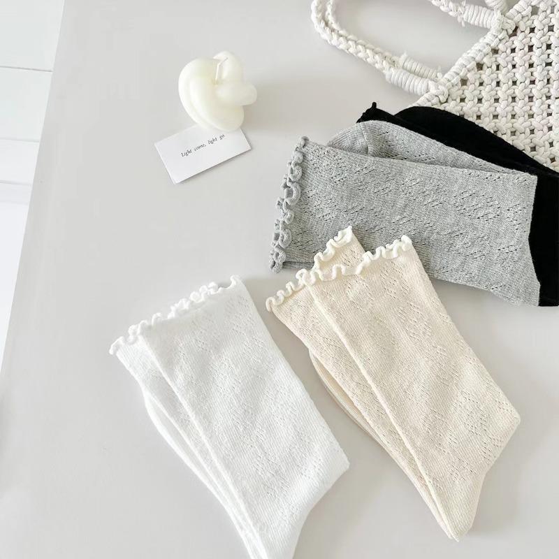 Women Socks with Lace Trim Hollow-Out Mesh Breathable Slouch Summer Spring Socks Solid Color Trendy and Versatile for Ins