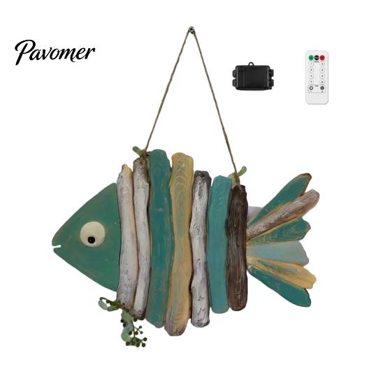 Lake House Wall Hanging Lighted Wooden Fish Decor, Rustic Nautical Fishing Wood Sculpture with LED Lights, Camp RV Coastal Ornaments Beach Theme